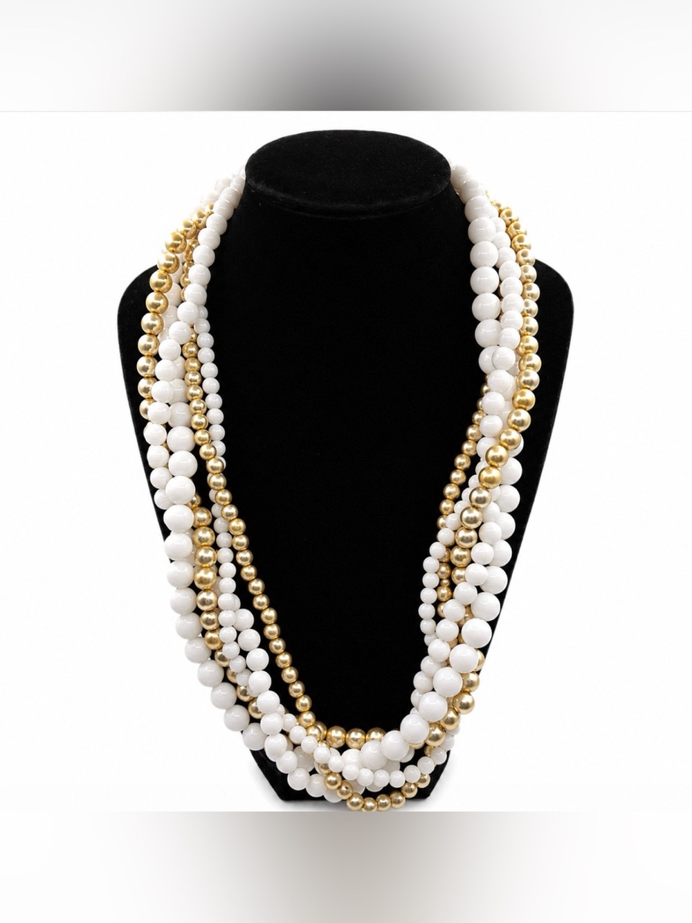 Multi Strand White & Gold Beaded Necklace 5 String